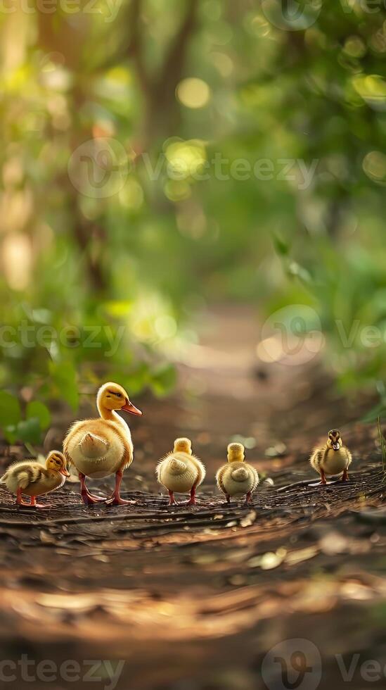 Charming baby ducklings waddling after their mother in a row photo
