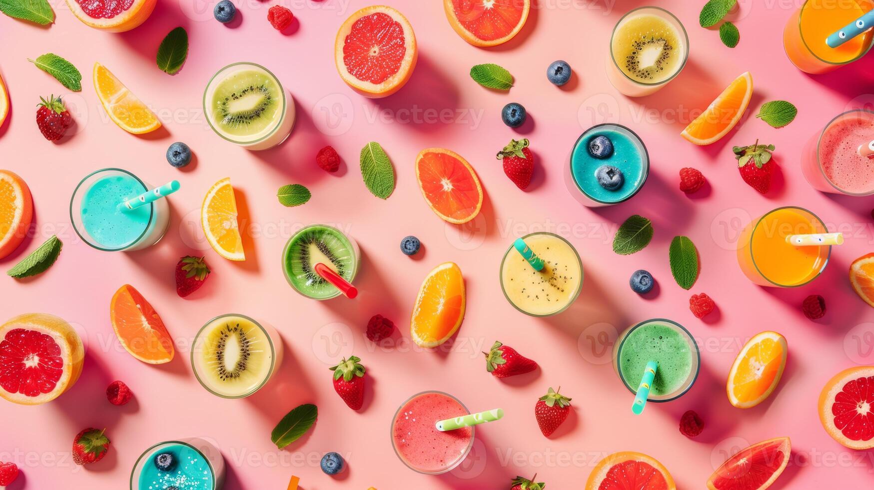 Colorful arrangement of spinning smoothie ingredients in a colorful pattern photo