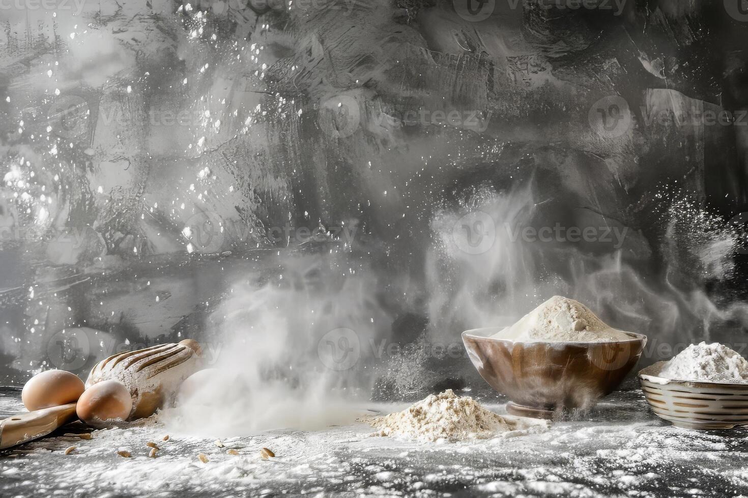 Flour dust against a transparent white canvas, adding baking and cooking elements photo