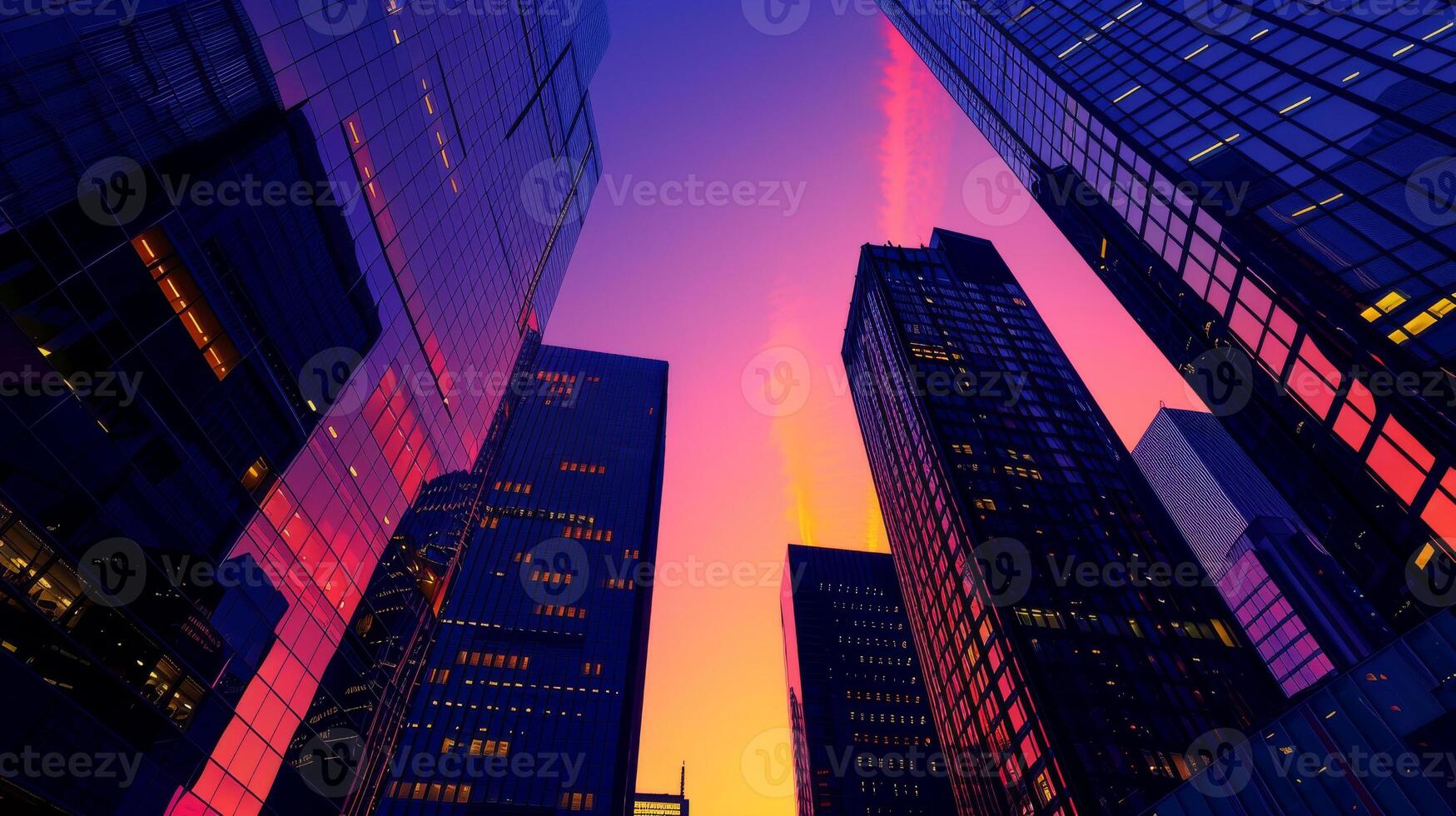 A city skyline at sunset with a purple sky. The buildings are tall and the sky is filled with clouds photo