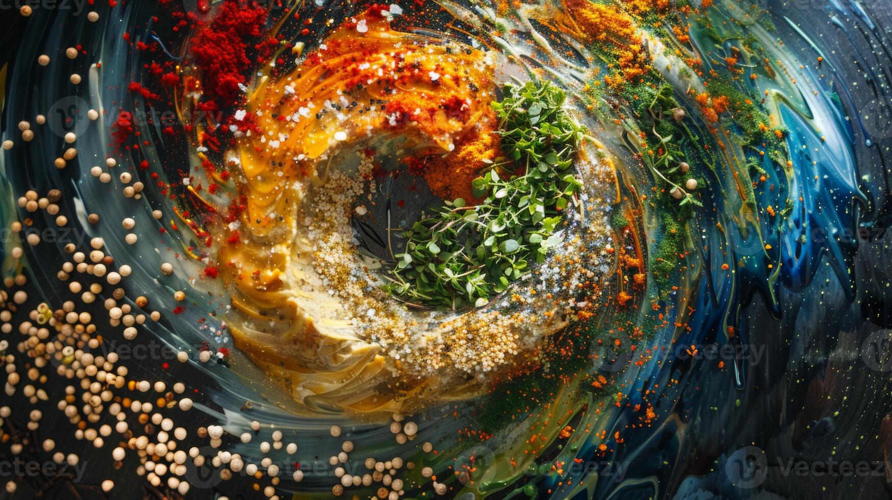 Spinning herbs and spices forming a whirlwind, symbolizing culinary adventure photo