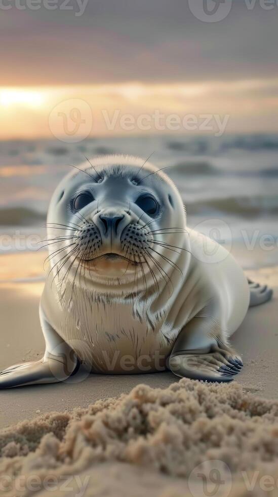 Chubby baby seals flopping awkwardly on sandy beaches, their clumsy movements endearing them to all who watch photo