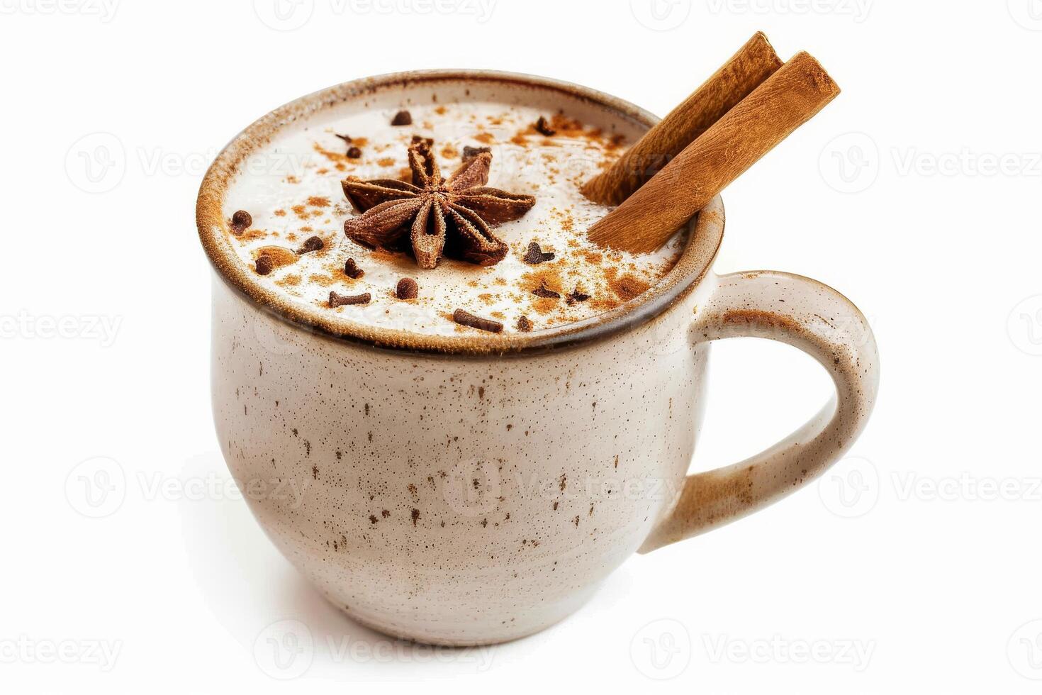 A cup of coffee with cinnamon sticks on top. The coffee is hot and steaming. The cinnamon sticks are brown and have a slightly spicy aroma. The cup is white and has a simple design photo
