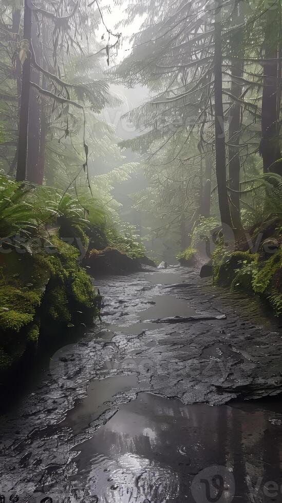 Pristine temperate rainforests drenched in mist photo