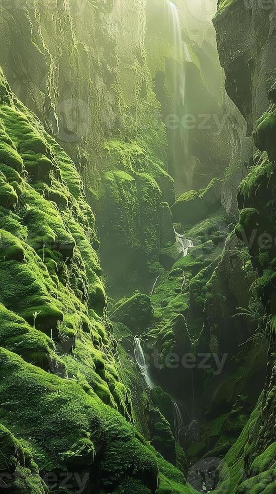 Enchanting waterfalls cascading down moss-covered cliffs photo