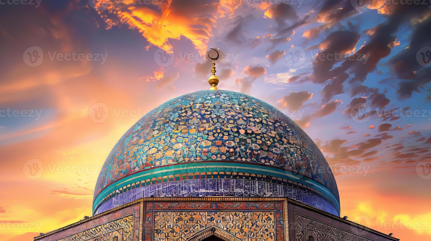 A blue dome with gold trim sits atop a building. The sky is filled with clouds and the sun is setting photo