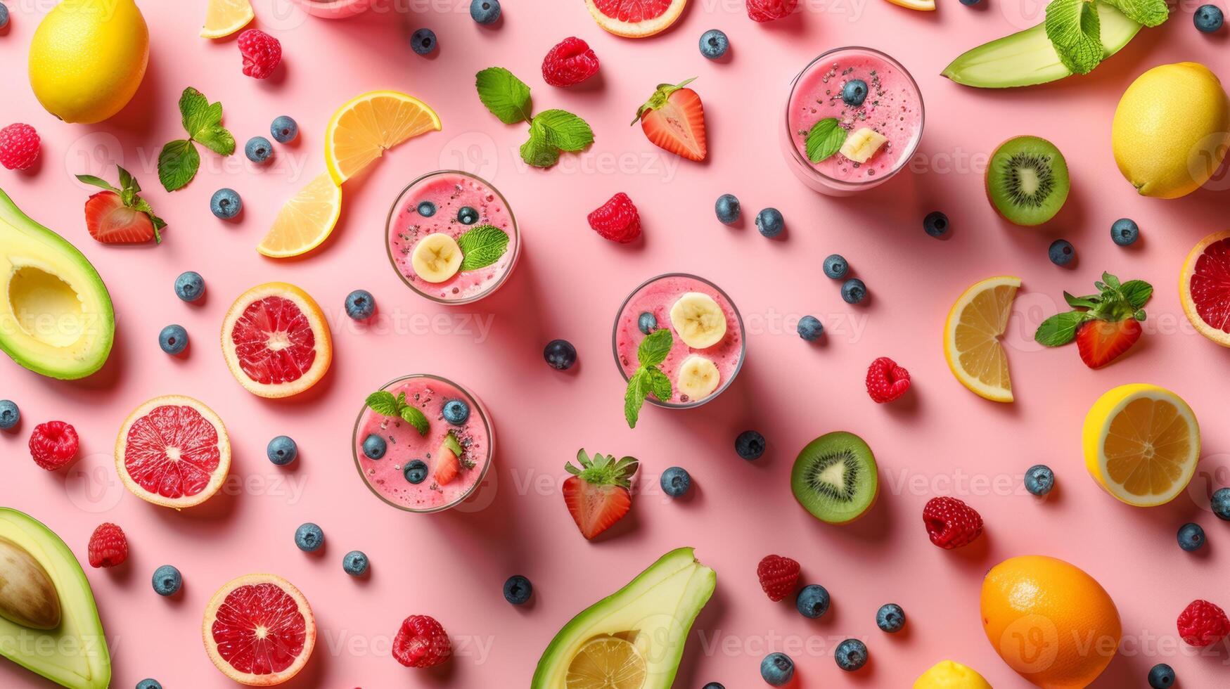 Colorful arrangement of spinning smoothie ingredients in a colorful pattern photo