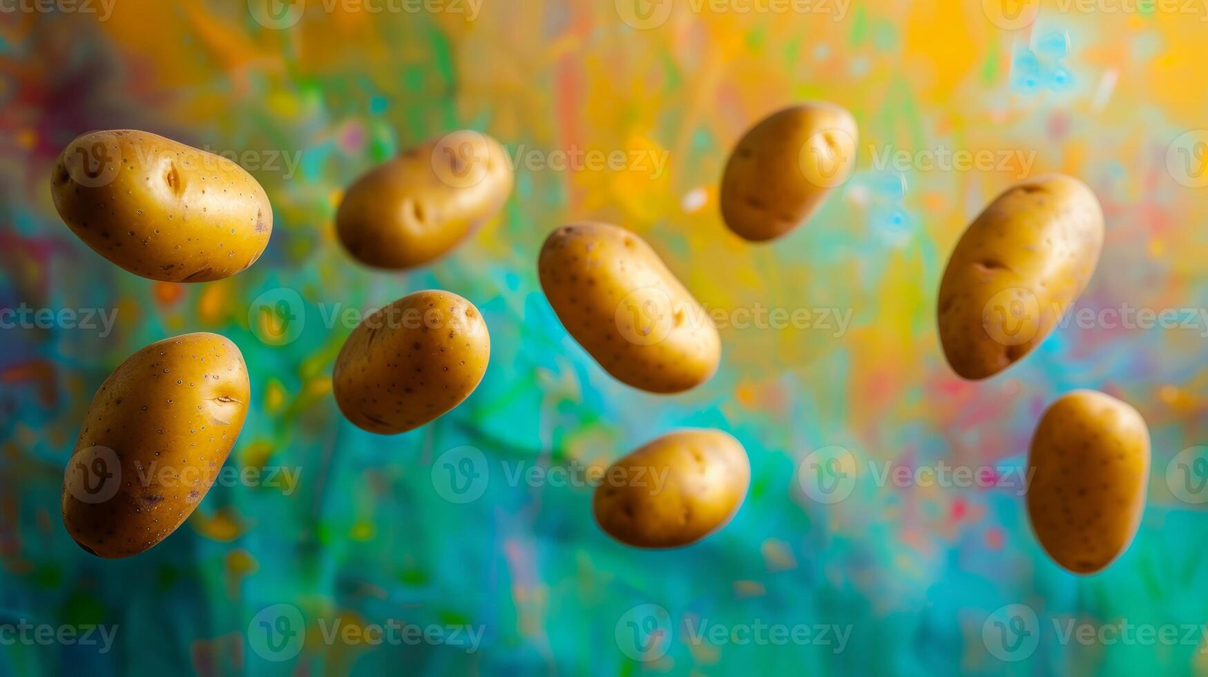 Spinning potatoes against an abstract background of vibrant hues photo