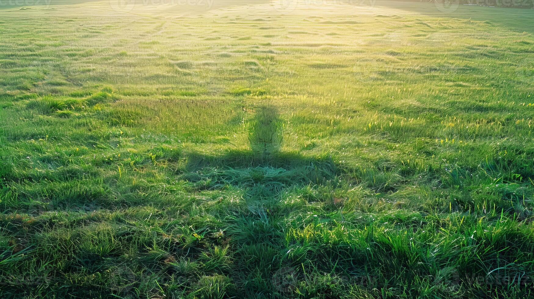 Large copy space adjacent to an image of a cross-shaped shadow on a grassy field at sunrise photo