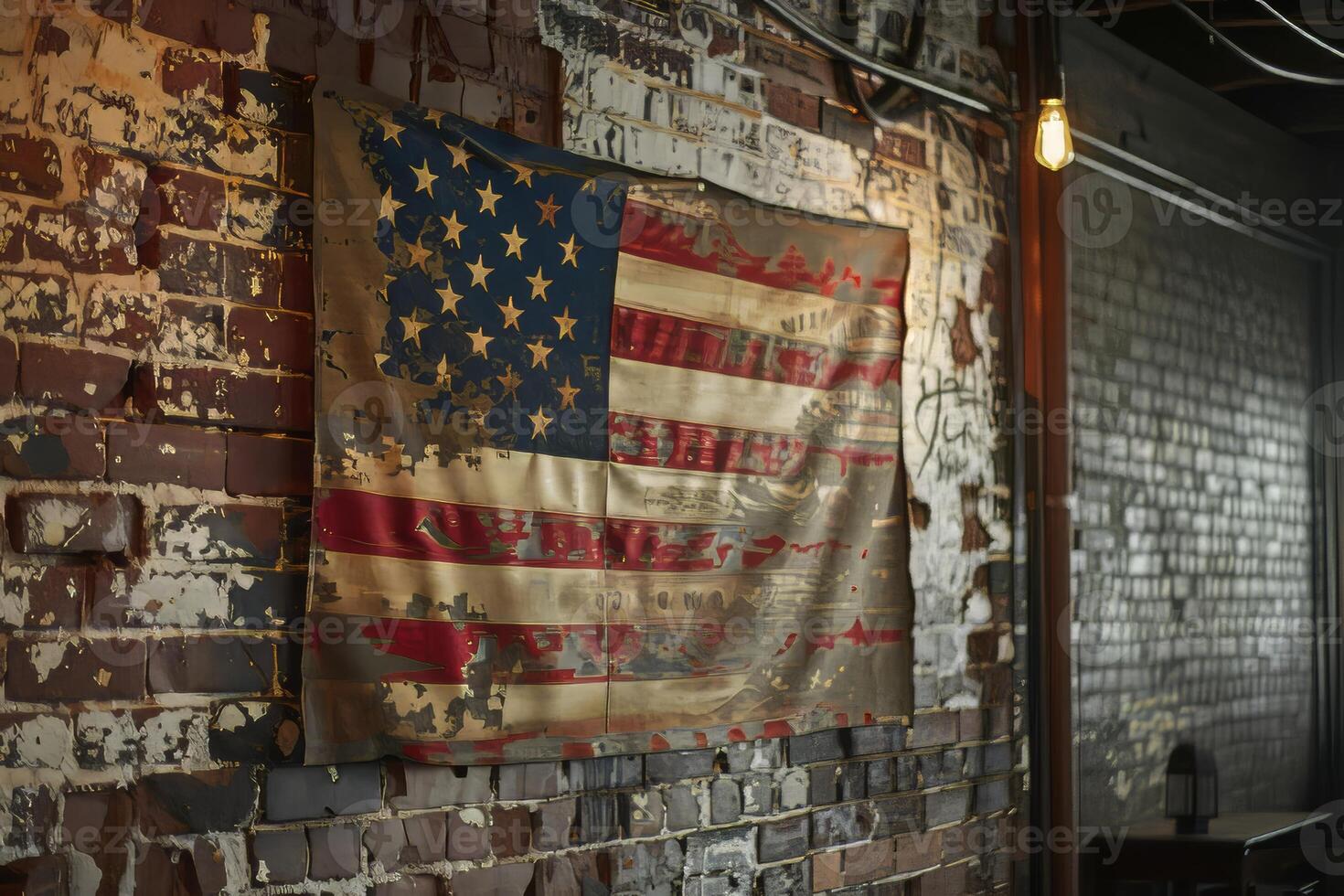 Vintage American flag hanging on a brick wall photo