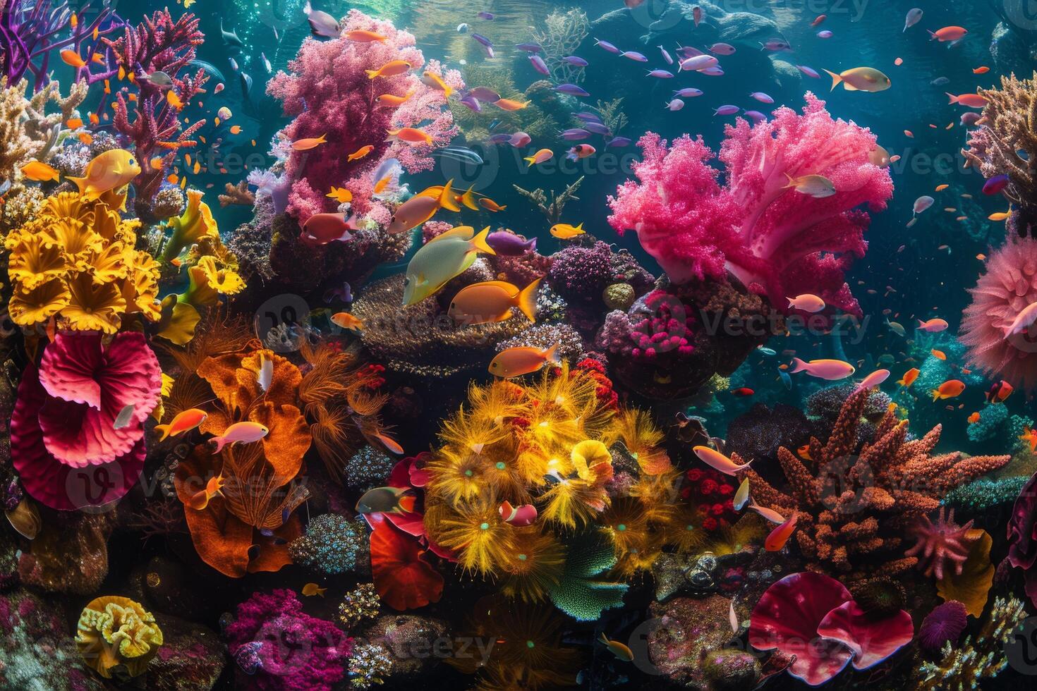 Close up of a vibrant coral reef teeming with marine life, illustrating the biodiversity of underwater ecosystems photo