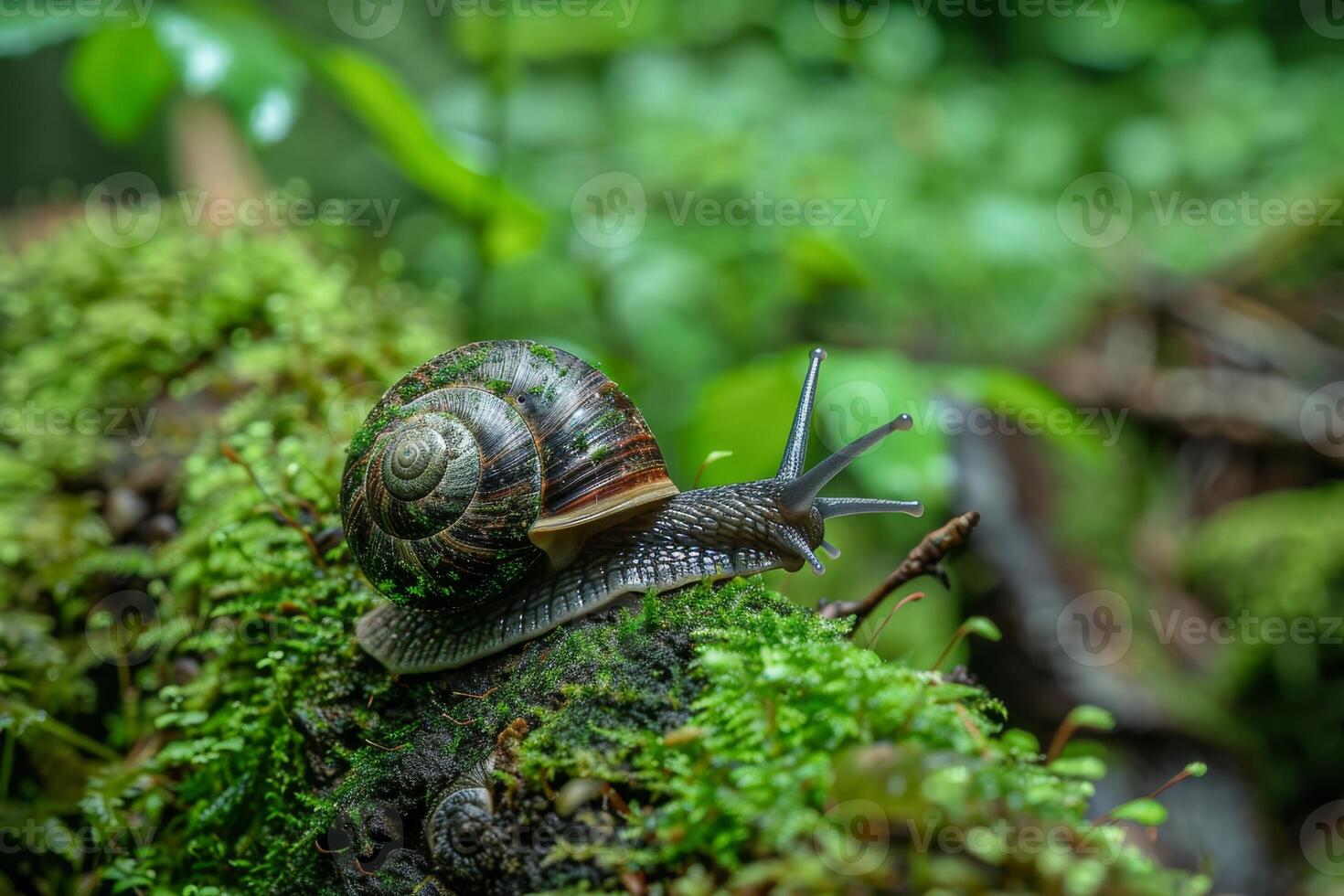 Close up of a snail crawling on a mossy log, showcasing the biodiversity of forest ecosystems photo