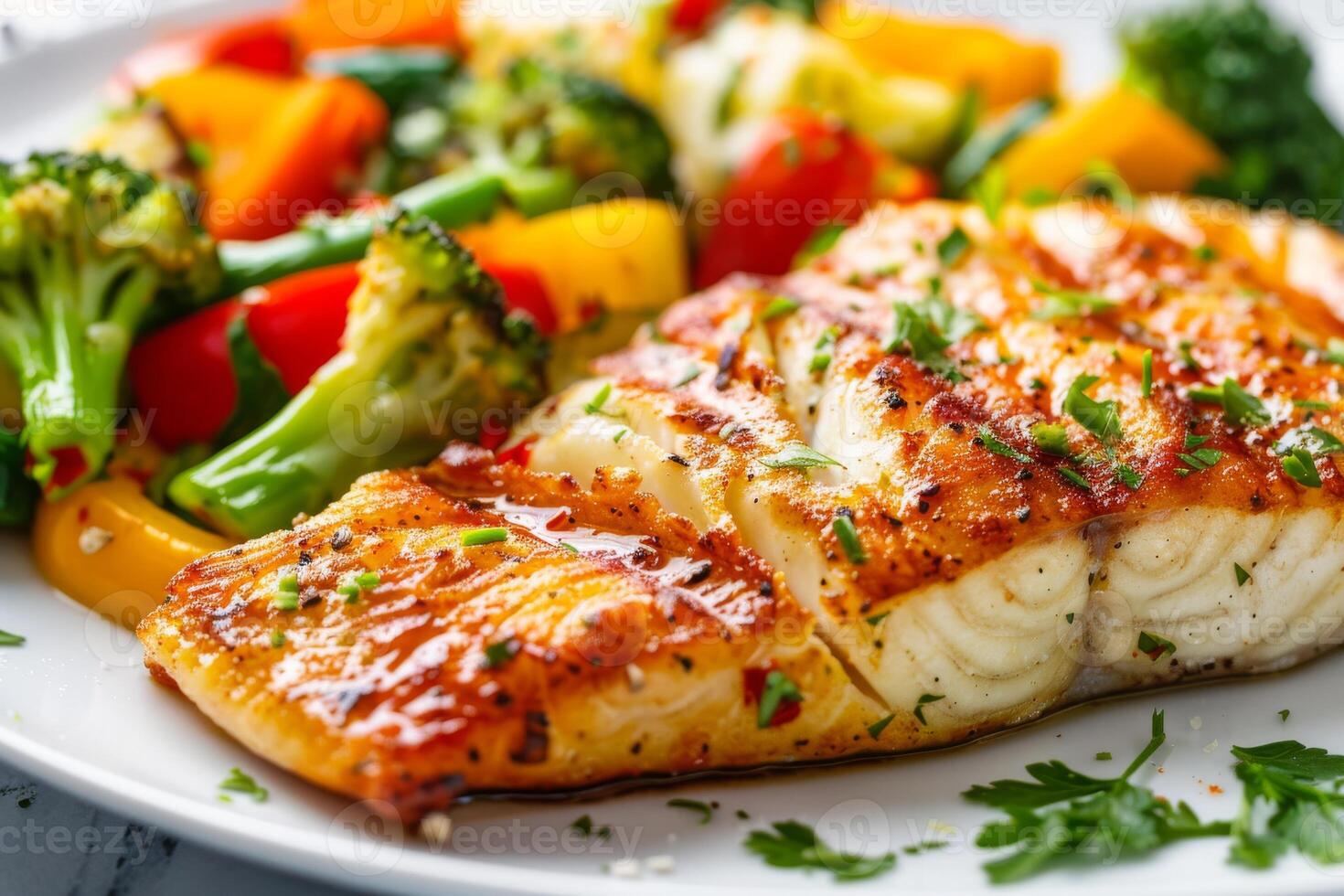 Plate of grilled fish with steamed vegetables, a balanced and nutritious meal photo