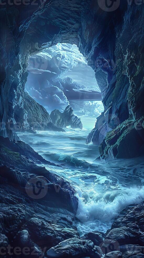 Dramatic sea caves echoing with the sound of crashing waves photo