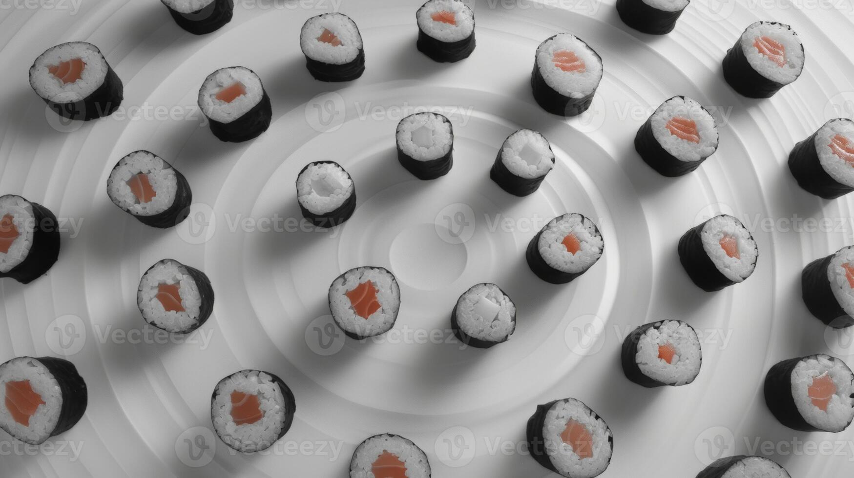 Geometric arrangement of spinning sushi rolls in a geometric pattern photo