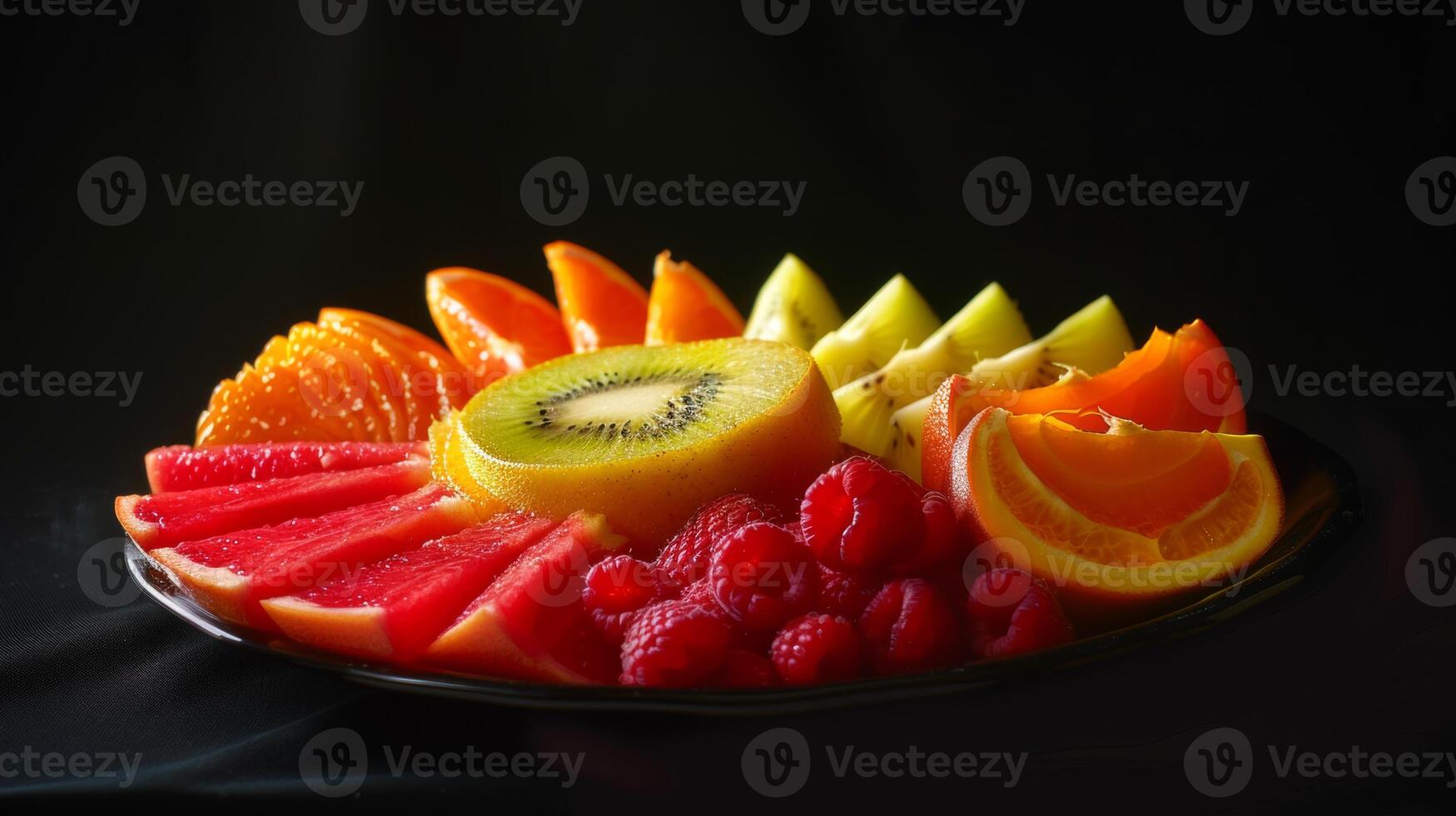 Darkened shape of a plate of fresh fruit slices photo