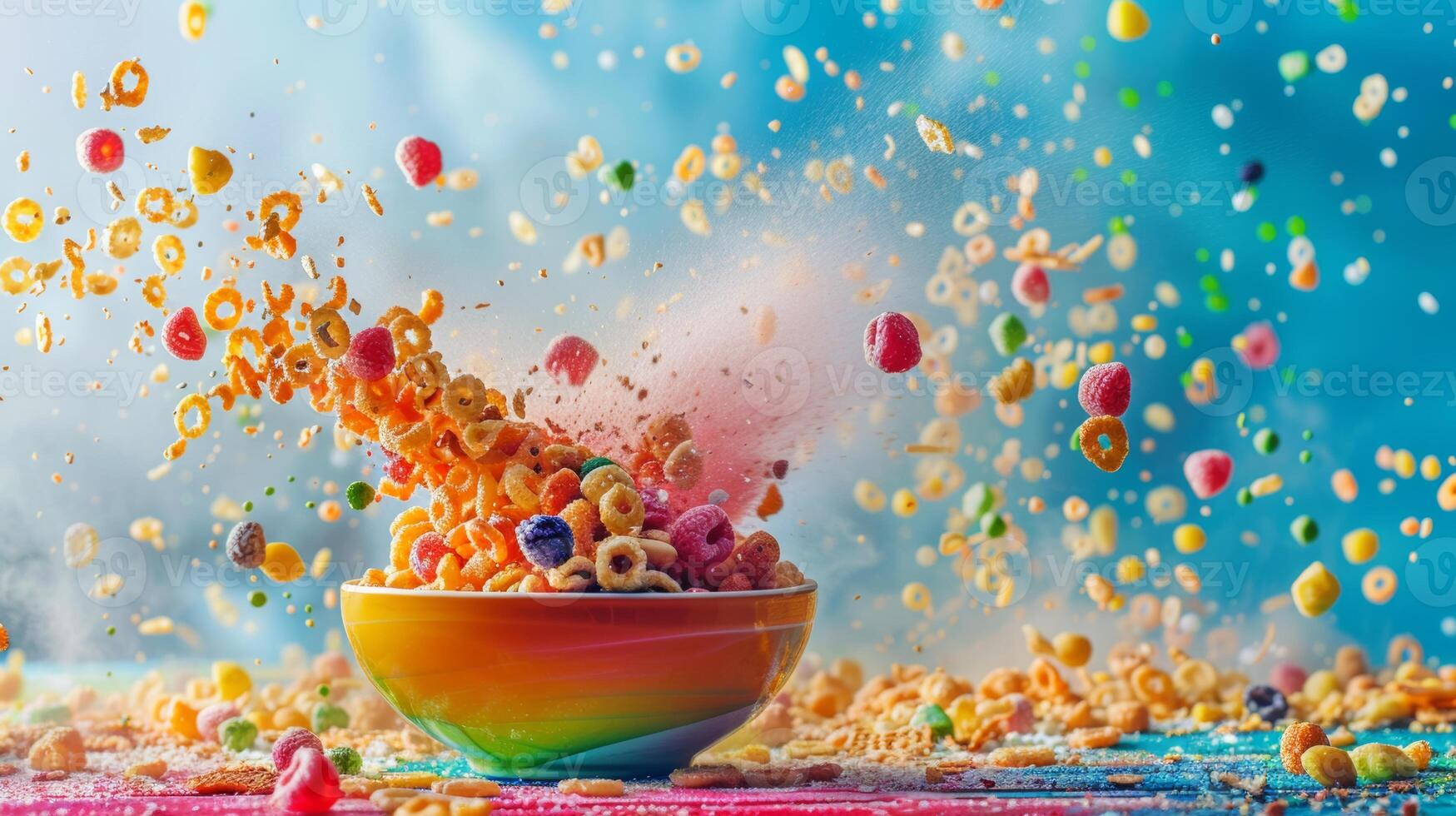 Colorful backdrop with a spinning bowl of cereal in motion photo