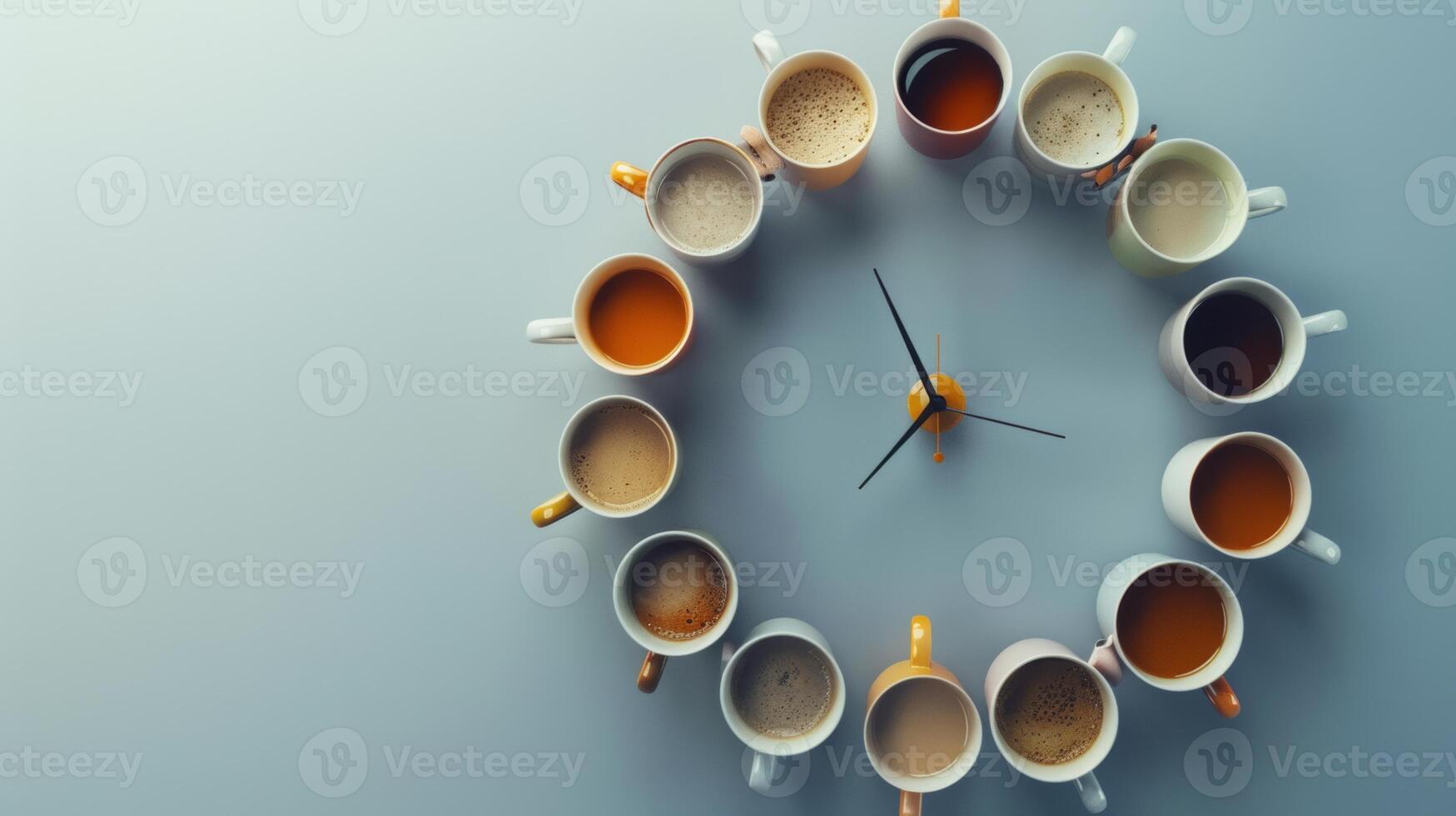 Conceptual depiction of spinning coffee cups forming a clock, symbolizing routine photo