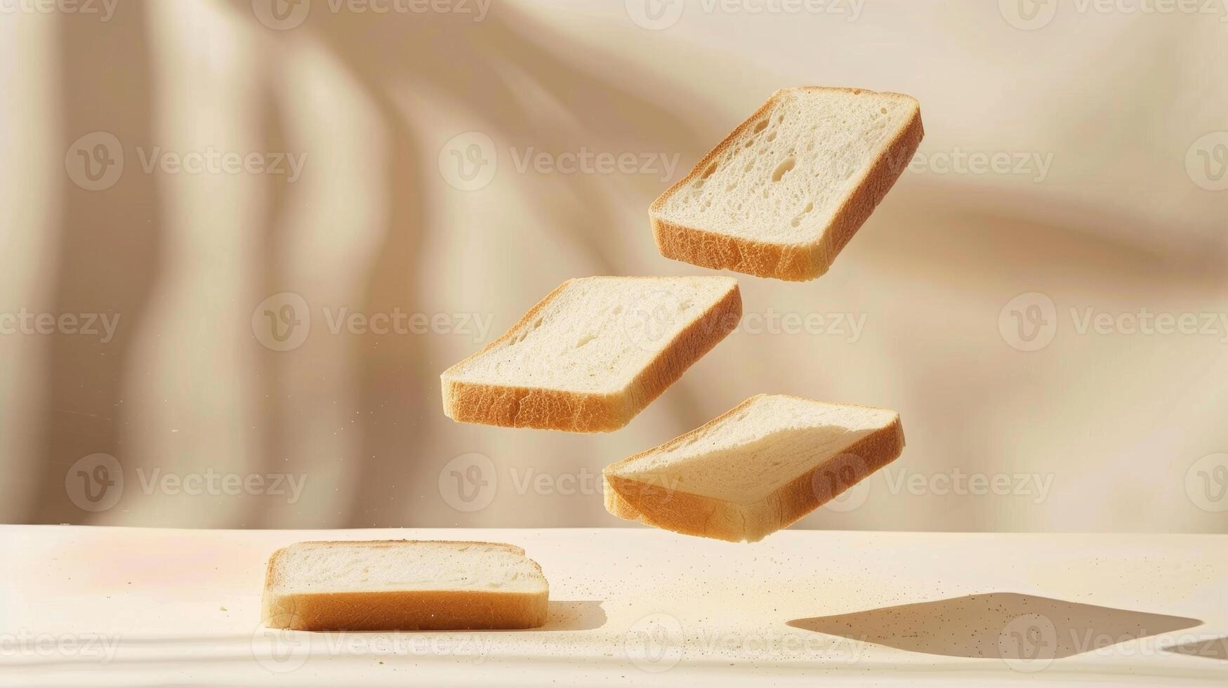 Levitating slices of bread in a serene minimalist arrangement photo