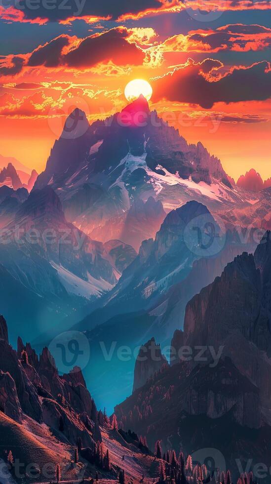 Breathtaking sunsets casting a warm glow over peaks photo