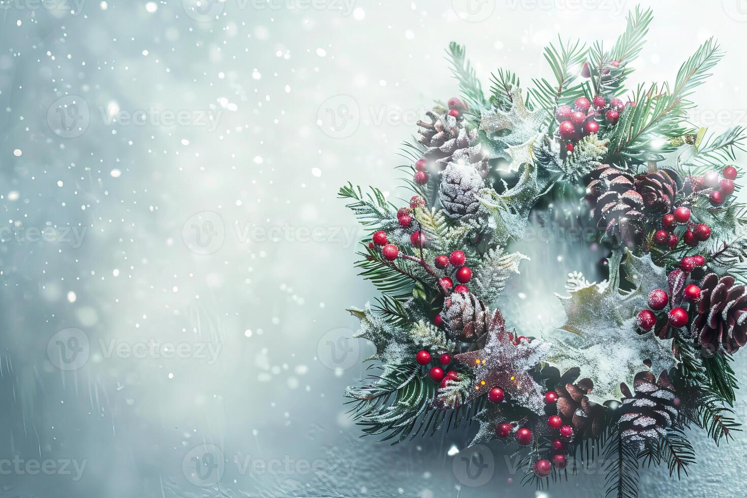 Joyful Christmas wreath on a soft transparent white surface, ideal for holiday invitations photo