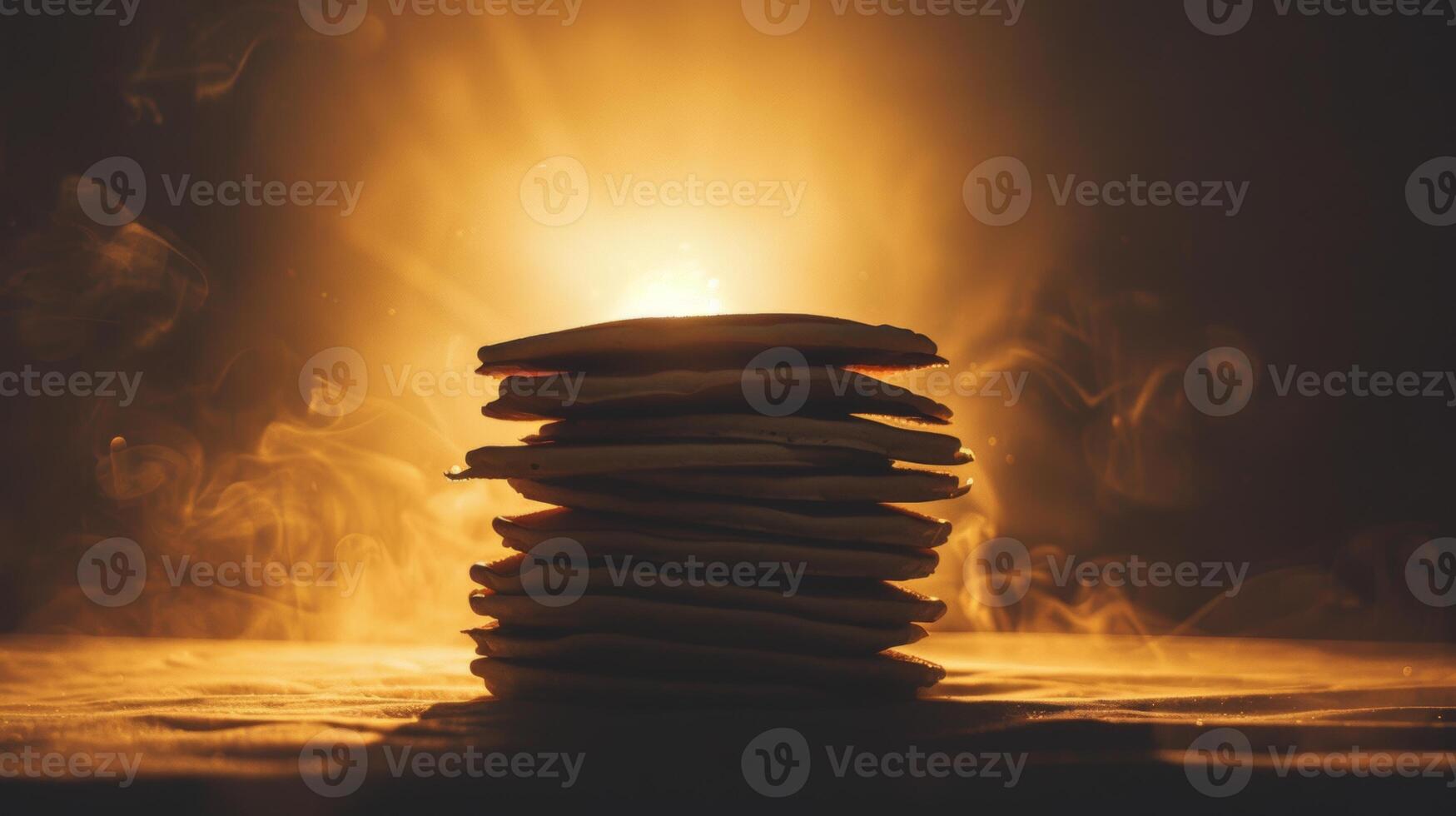 Silhouette of a stack of pancakes rotating from above photo