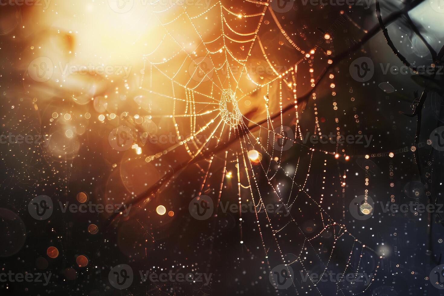 Sparkling water droplets caught in a spider's web in the early morning light photo