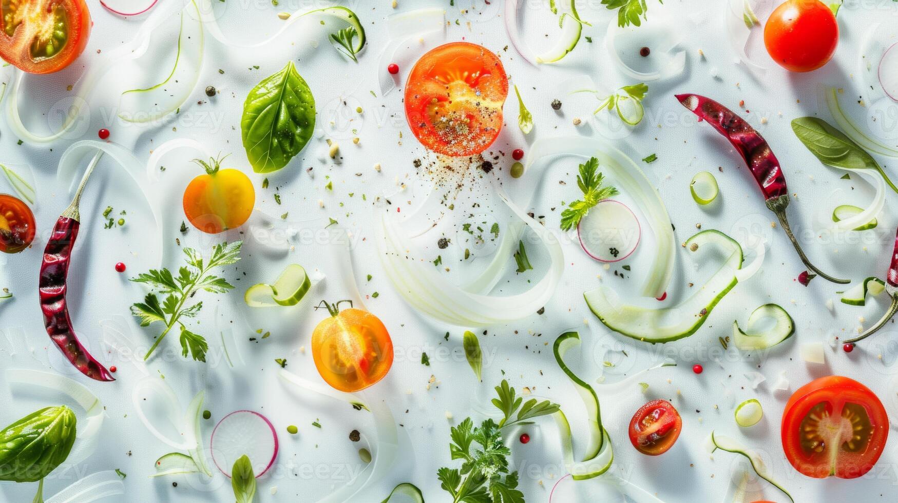 Modern arrangement of spinning salad ingredients in a modern pattern photo
