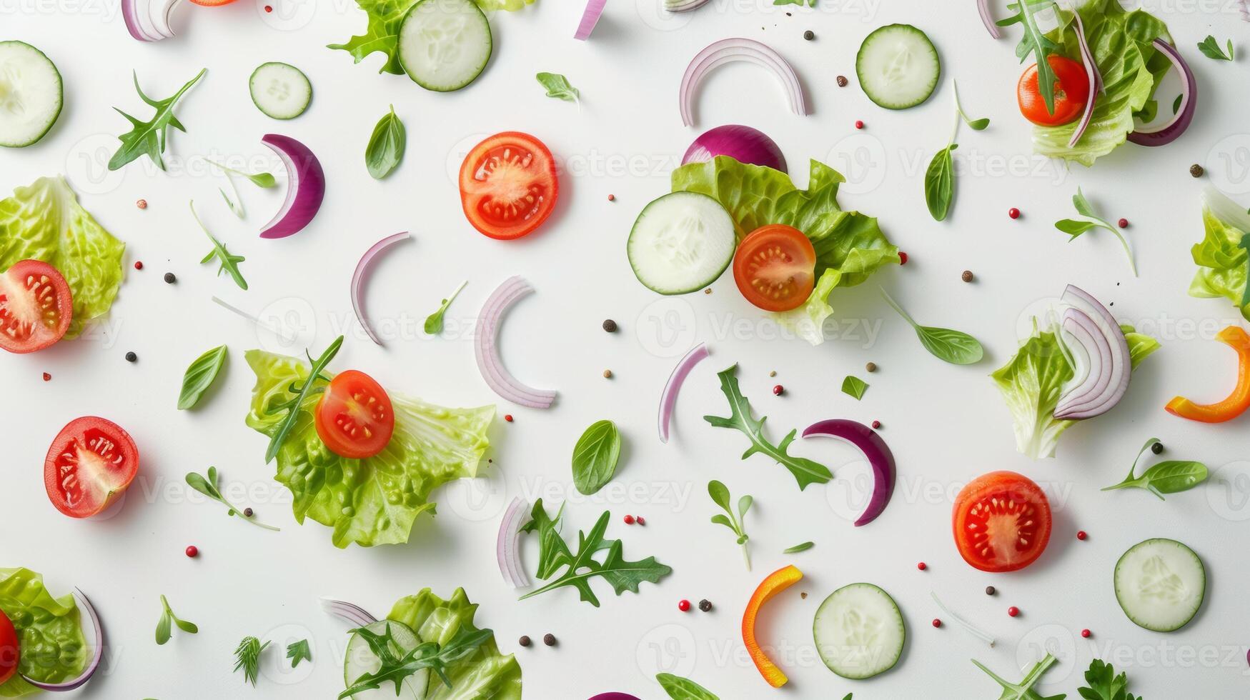 Modern arrangement of spinning salad ingredients in a modern pattern photo