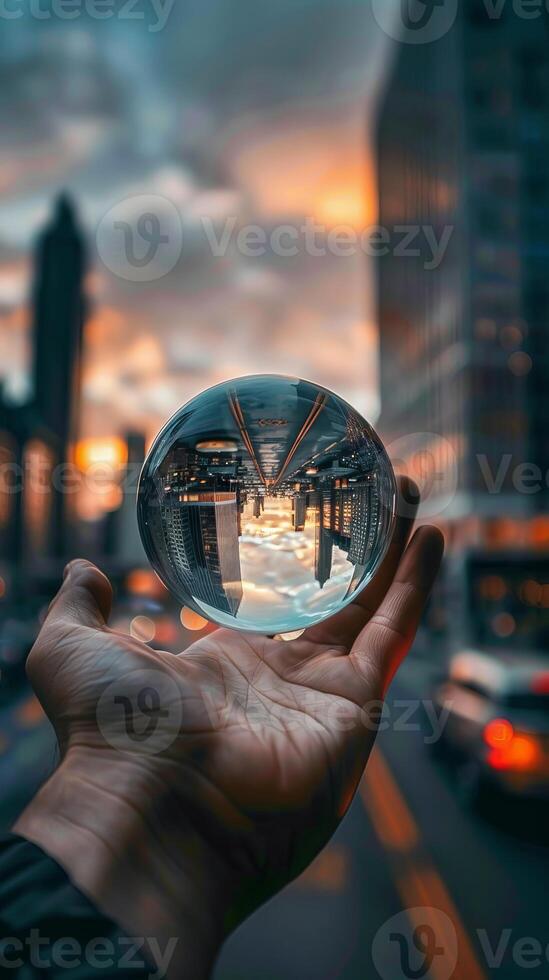 A hand holding a glass ball with a city in the background. The city is reflected in the ball, creating a beautiful and unique scene photo