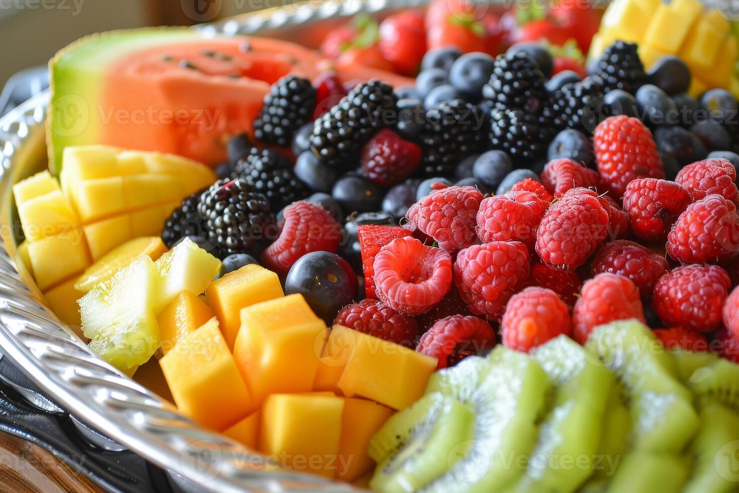 Close-up of a colorful fruit platter with assorted berries, melon, and citrus fruits photo