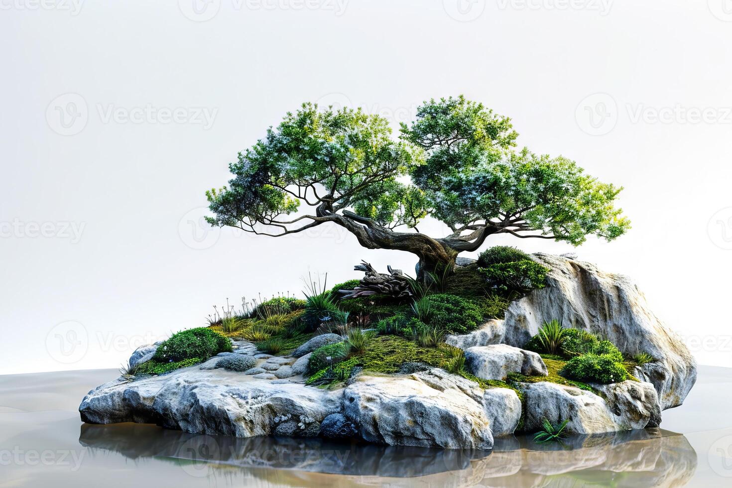 Elegant bonsai landscape against a transparent white backdrop, adding tranquility to compositions photo