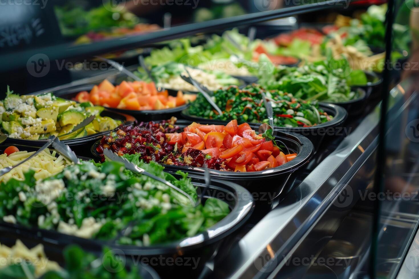 Close-up of a salad bar with assorted fresh vegetables and toppings, promoting customizable and nutritious meals photo