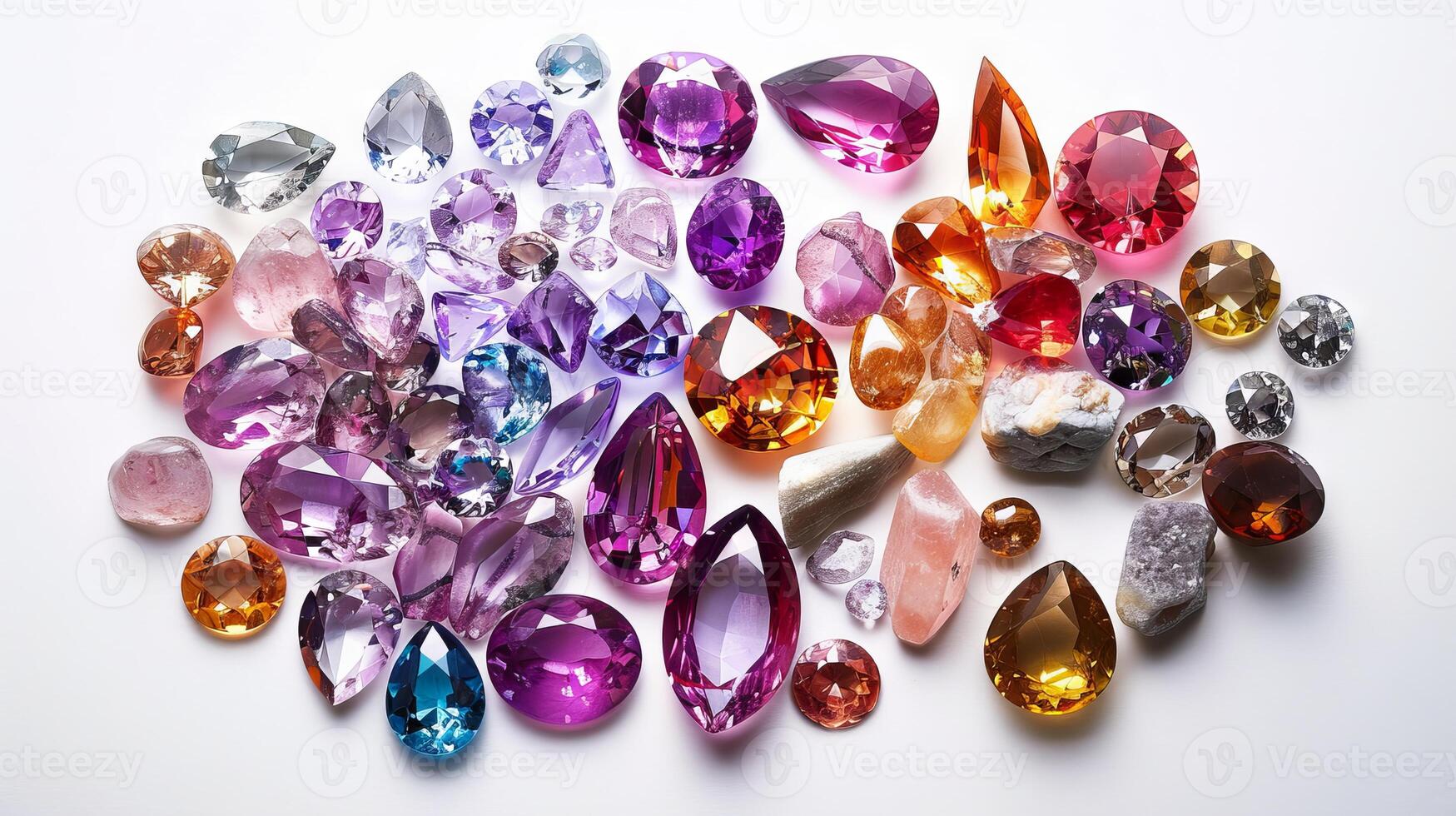 Exquisite gemstone arrangements adding a touch of opulence to a minimalist white background photo