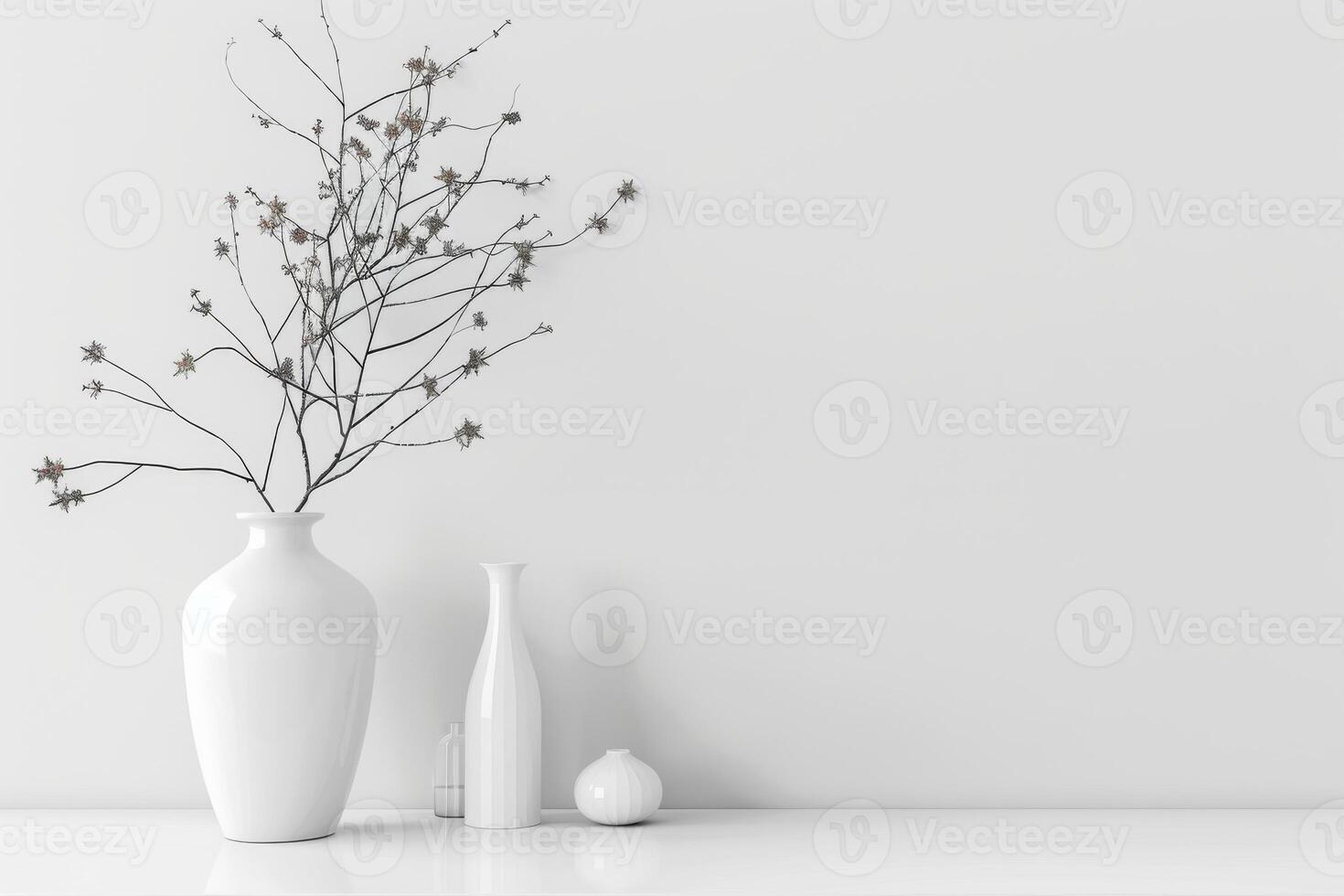 A white vase with a flower in it sits on a table. The vase is surrounded by other white vases and a small object photo