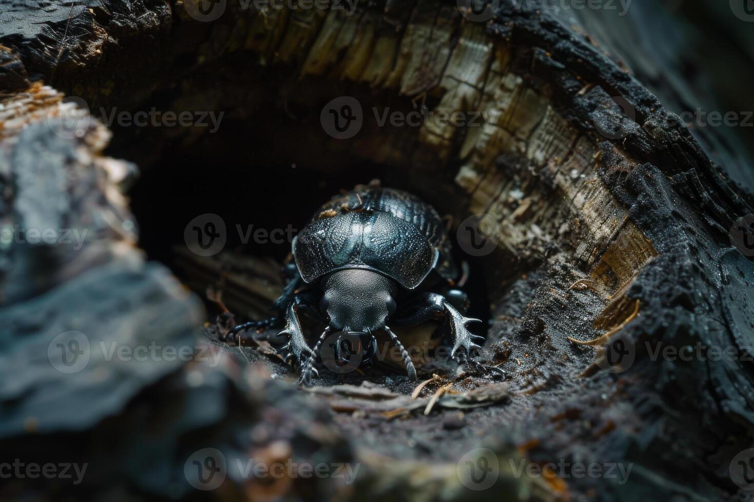 Close up of a beetle burrowing in rotting wood, illustrating the role of decomposers in nutrient cycling photo