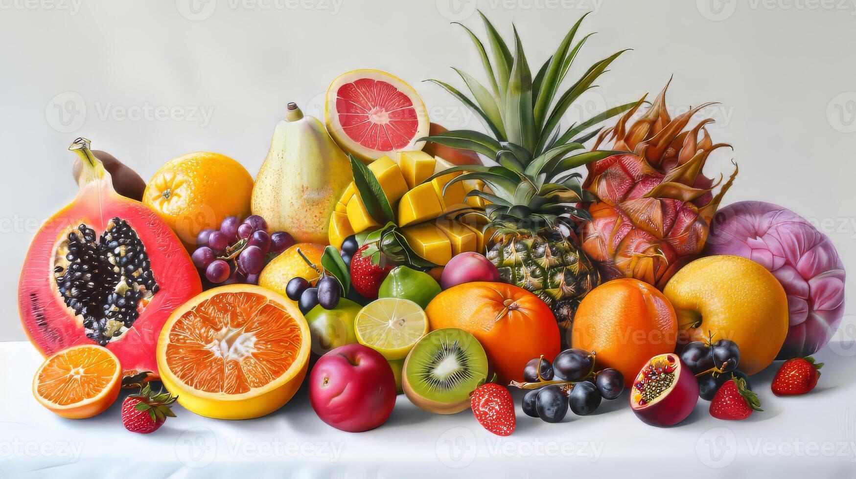 A painting of a table full of fruit including oranges, apples, kiwis, and strawberries photo