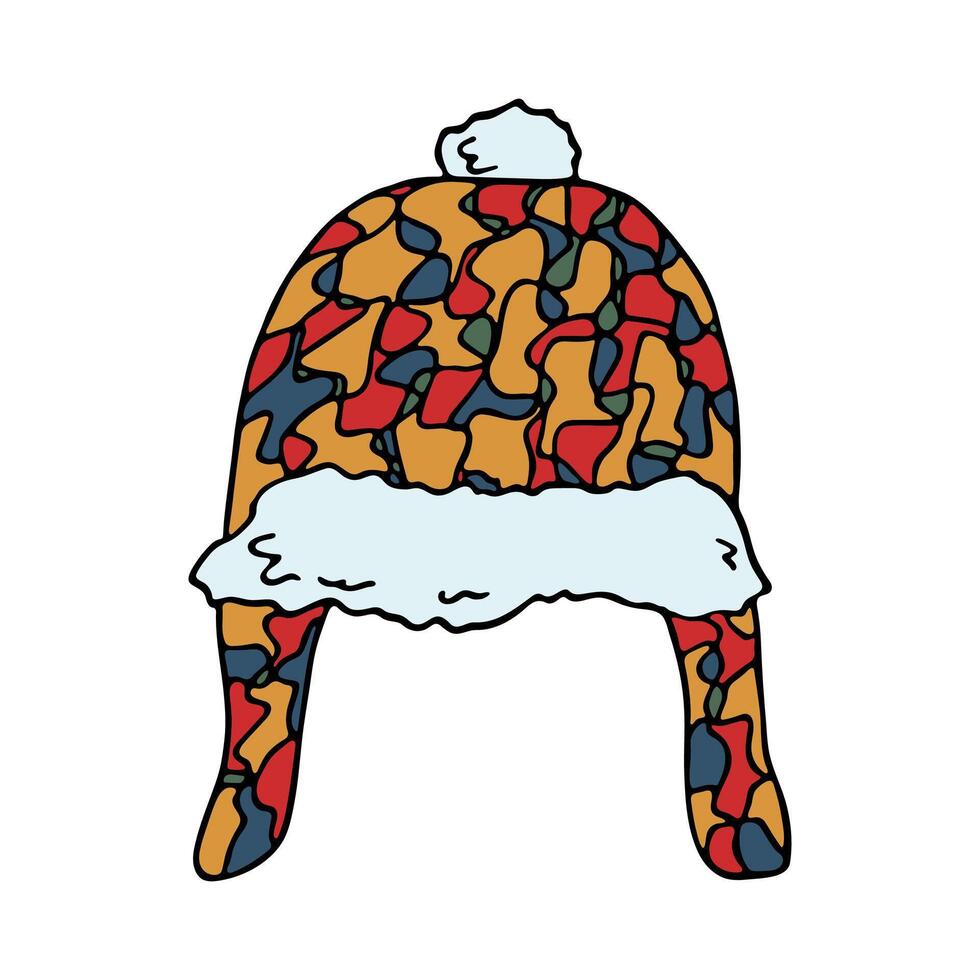 Ear flap hat doodle Hand drawn winter accessories. Single design element for card, print, design, decor vector