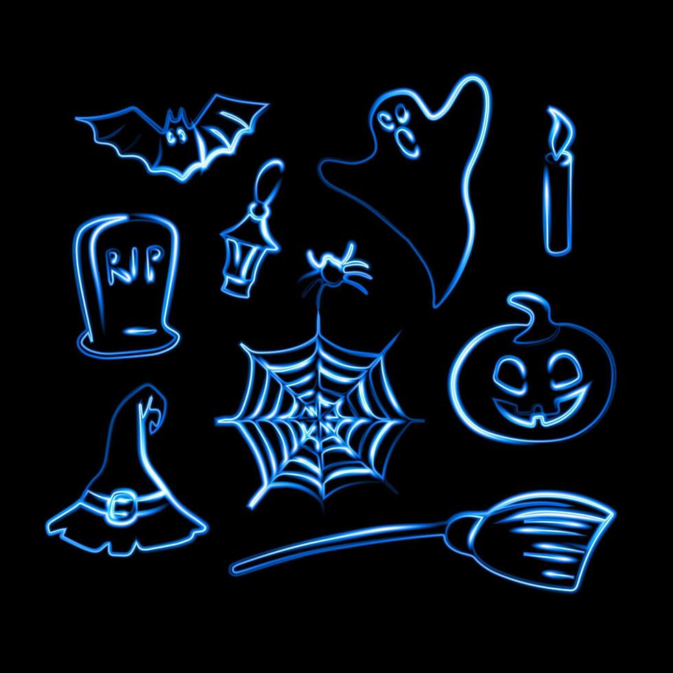 A set for the celebration of Halloween with a neon effect. vector