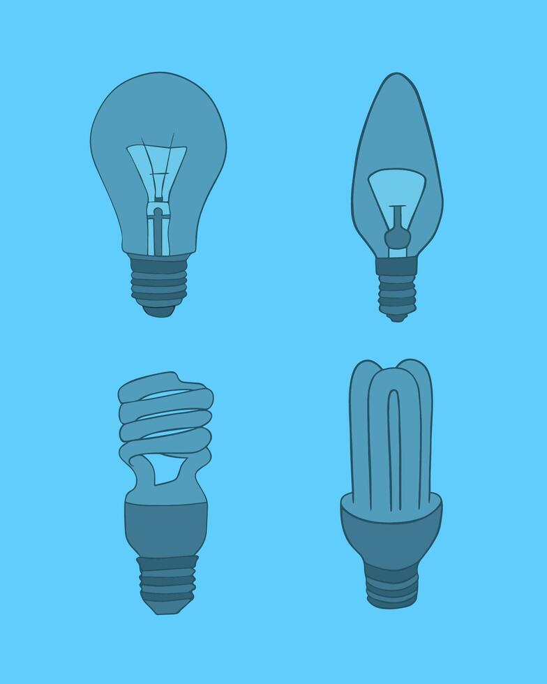 Illustration of a set of light bulbs of different types. Energy saving. Energy-saving lamps. An alternative to replacing light bulbs. vector