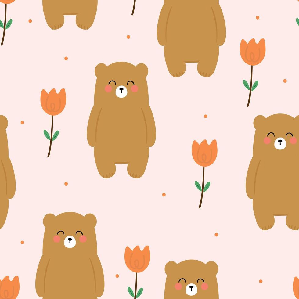 Seamless pattern with cute cartoon bears and colorful flowers, on fabric, textile, gift wrapping paper vector