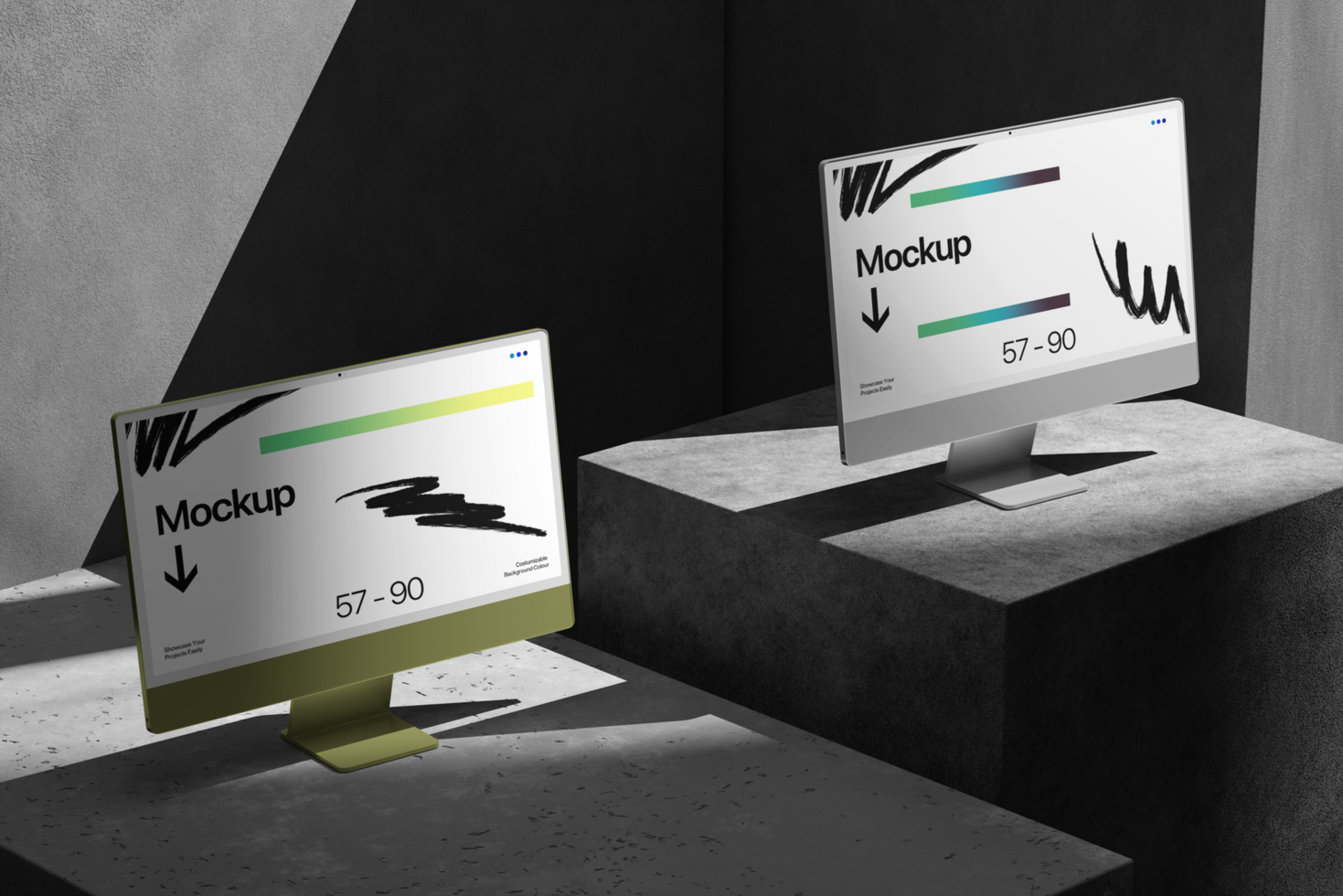 Stylish Dual Desktop Monitor Mockup on the Plaster with Shadow Background psd