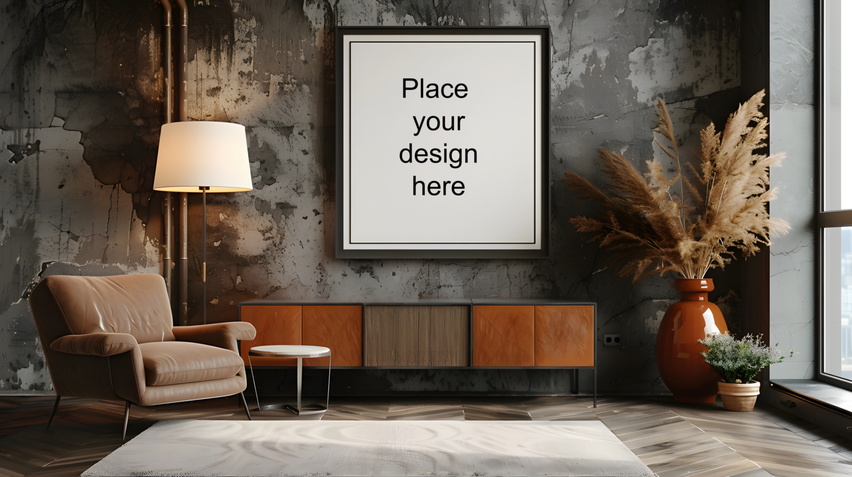 Modern living room with blank poster frame during daytime. Generative by AI psd