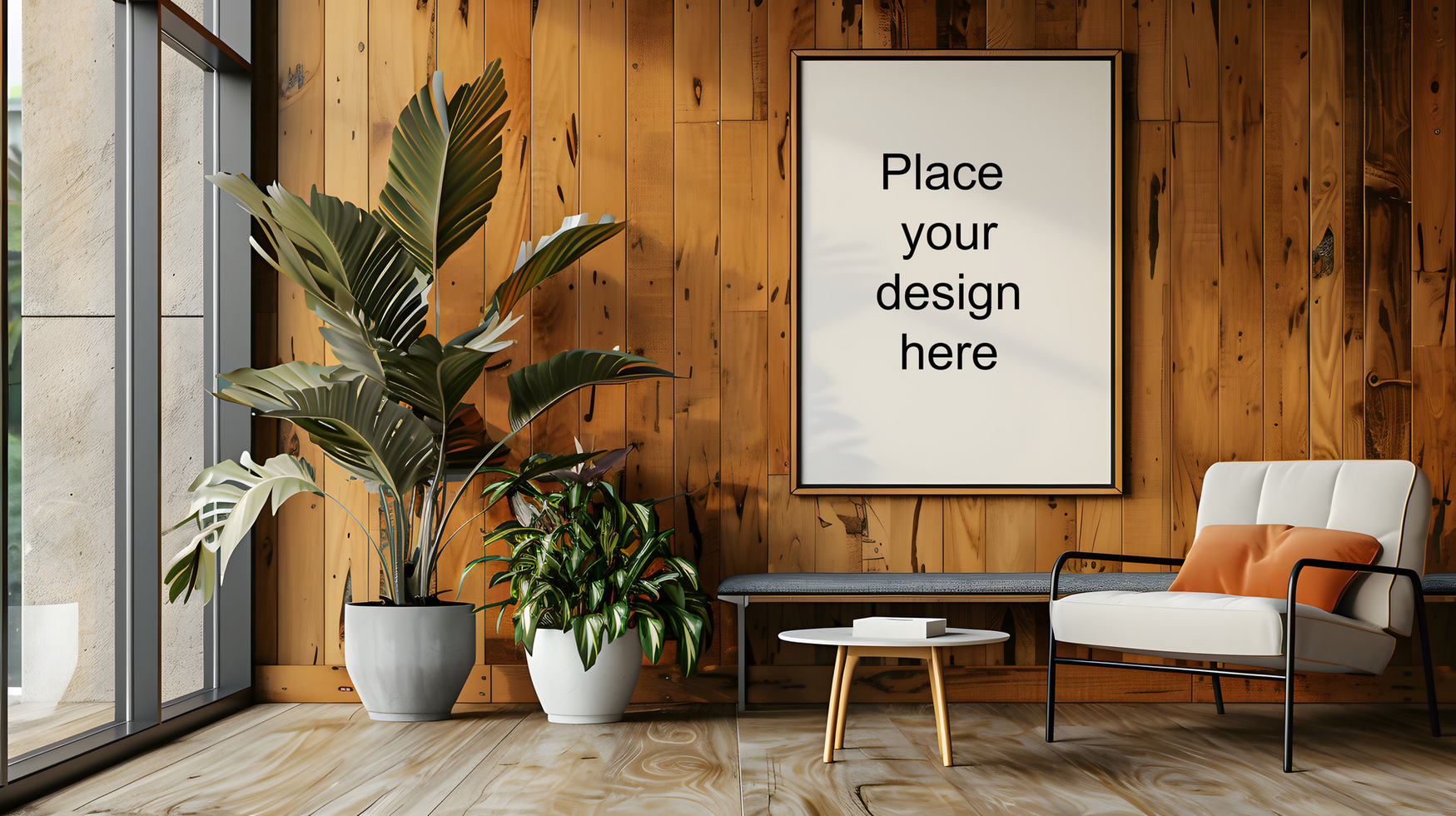Vintage chic living room with couch, chair and blank frame. Generative by AI psd