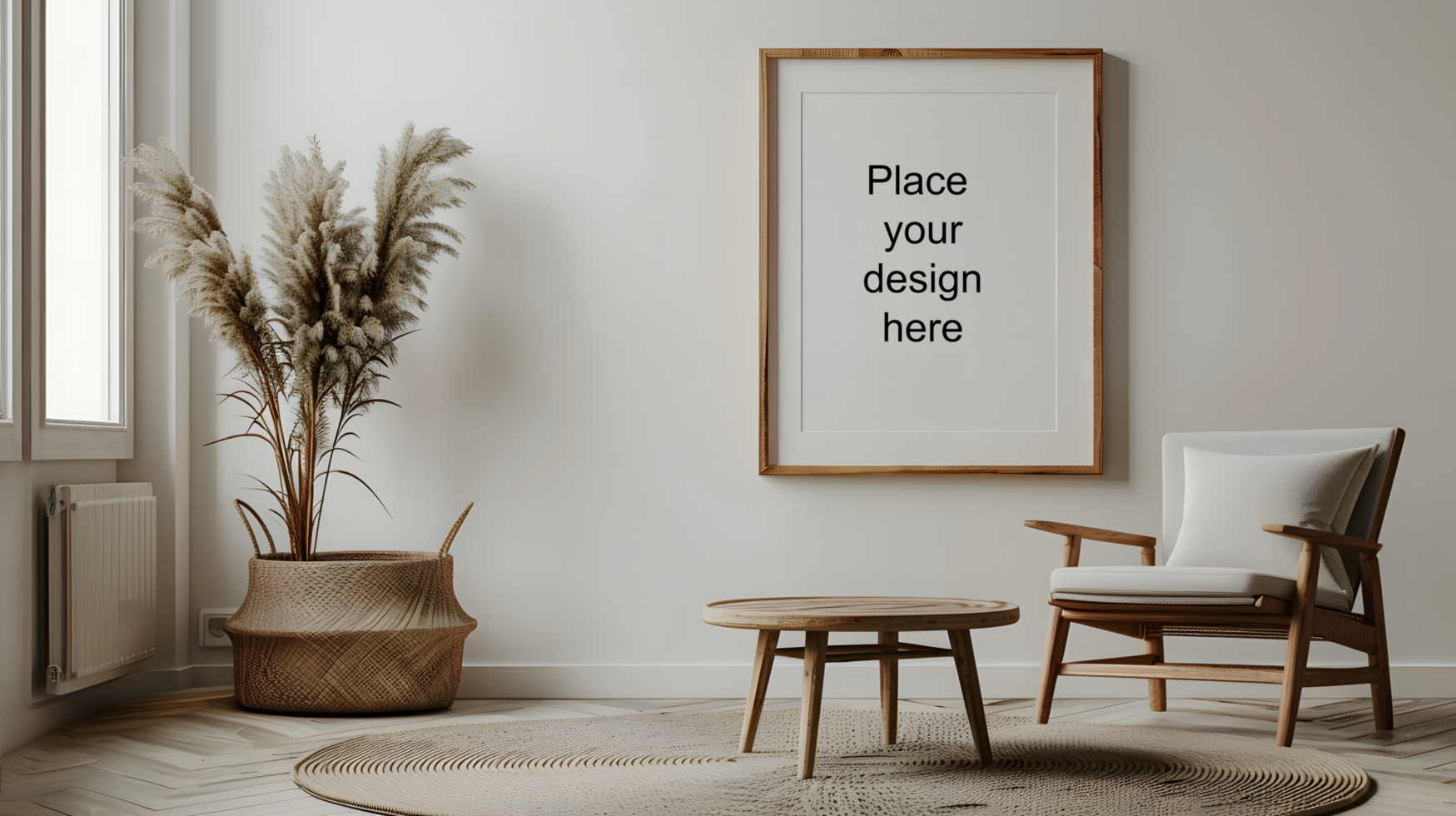 Modern living room with blank frame. Generative by AI psd