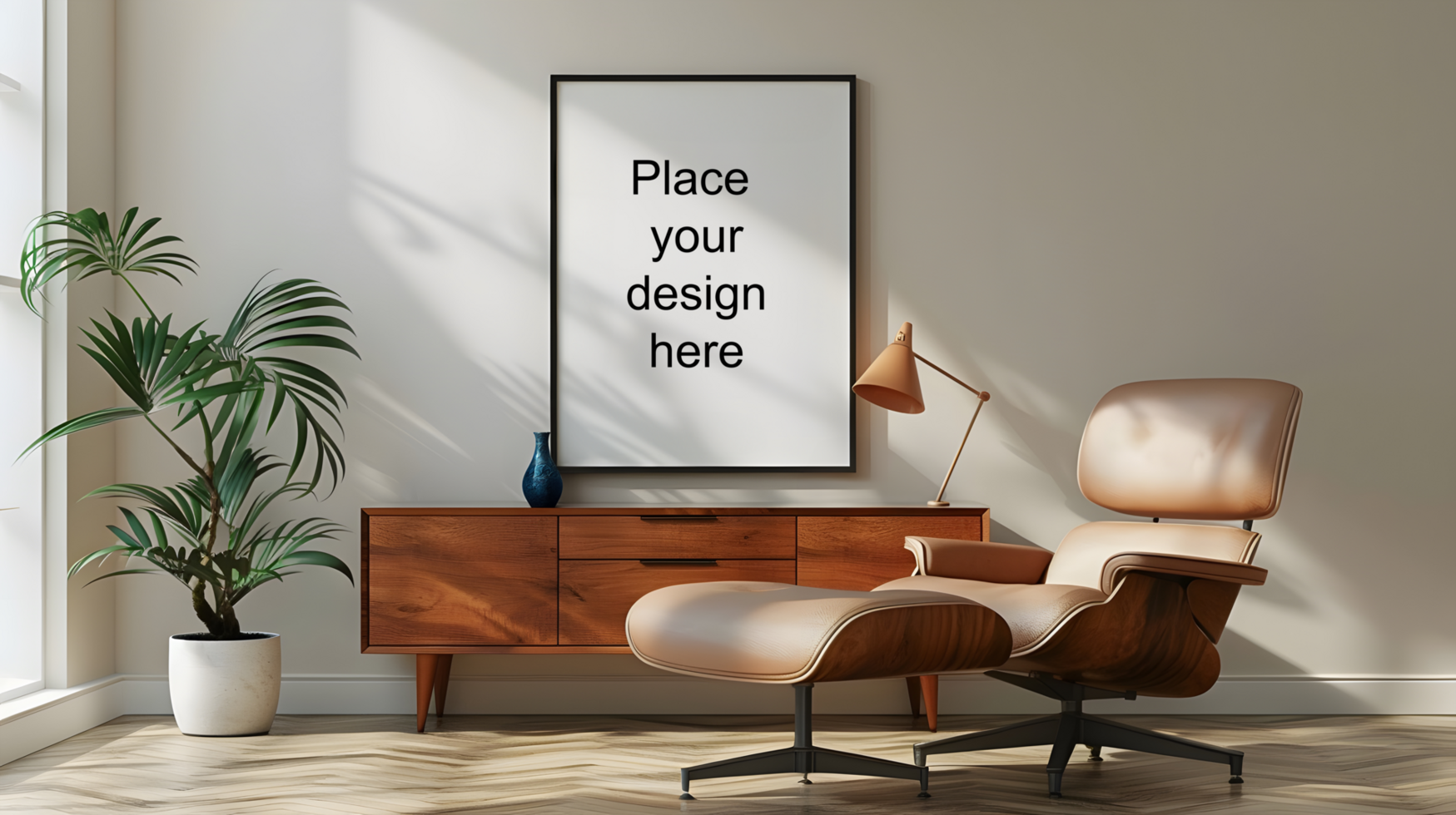Blank frame, elegant chair and table in sunlit room. Generative by AI psd