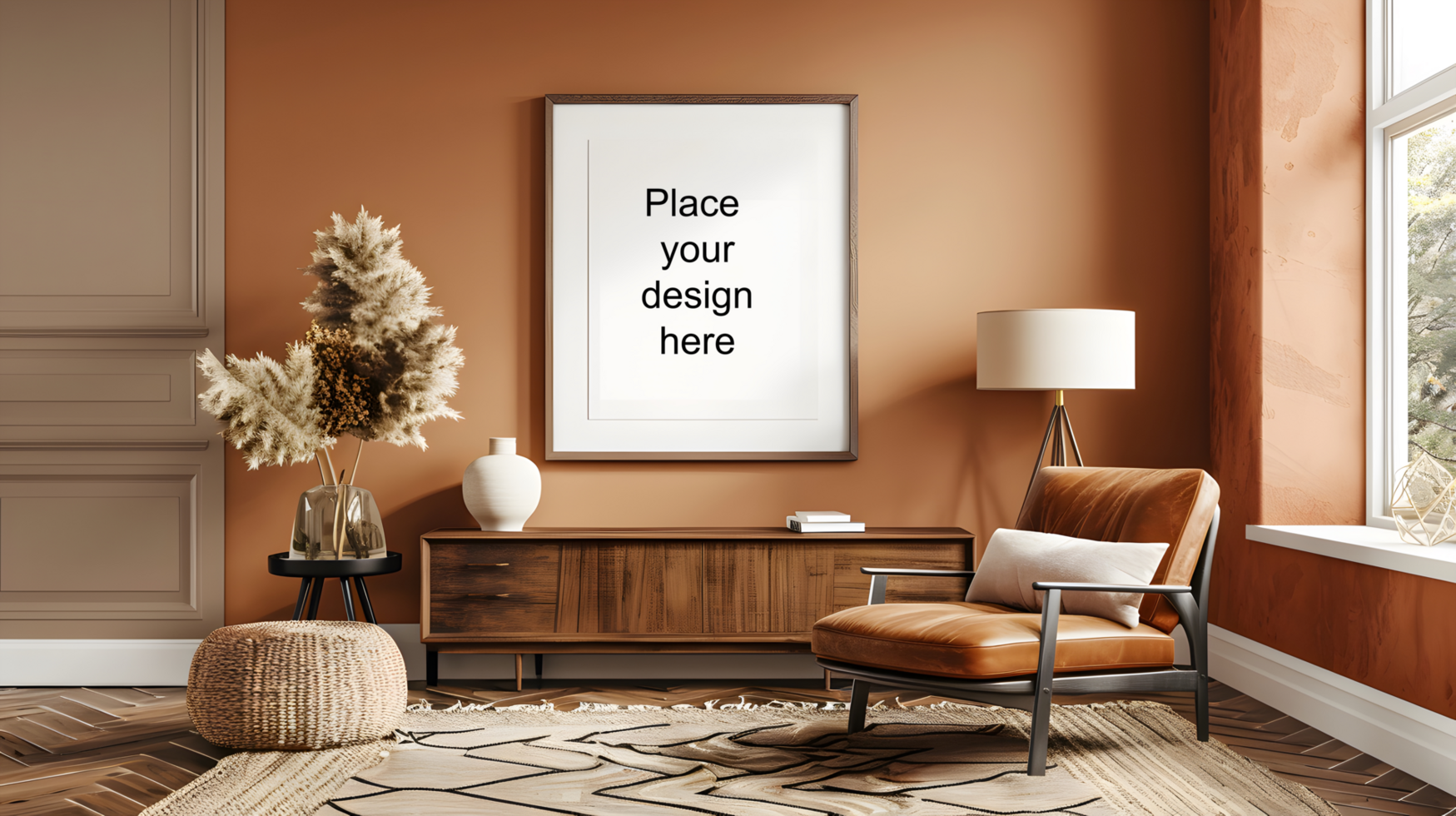 Elegant modern living room with frame mockup, afternoon light. Generative by AI psd