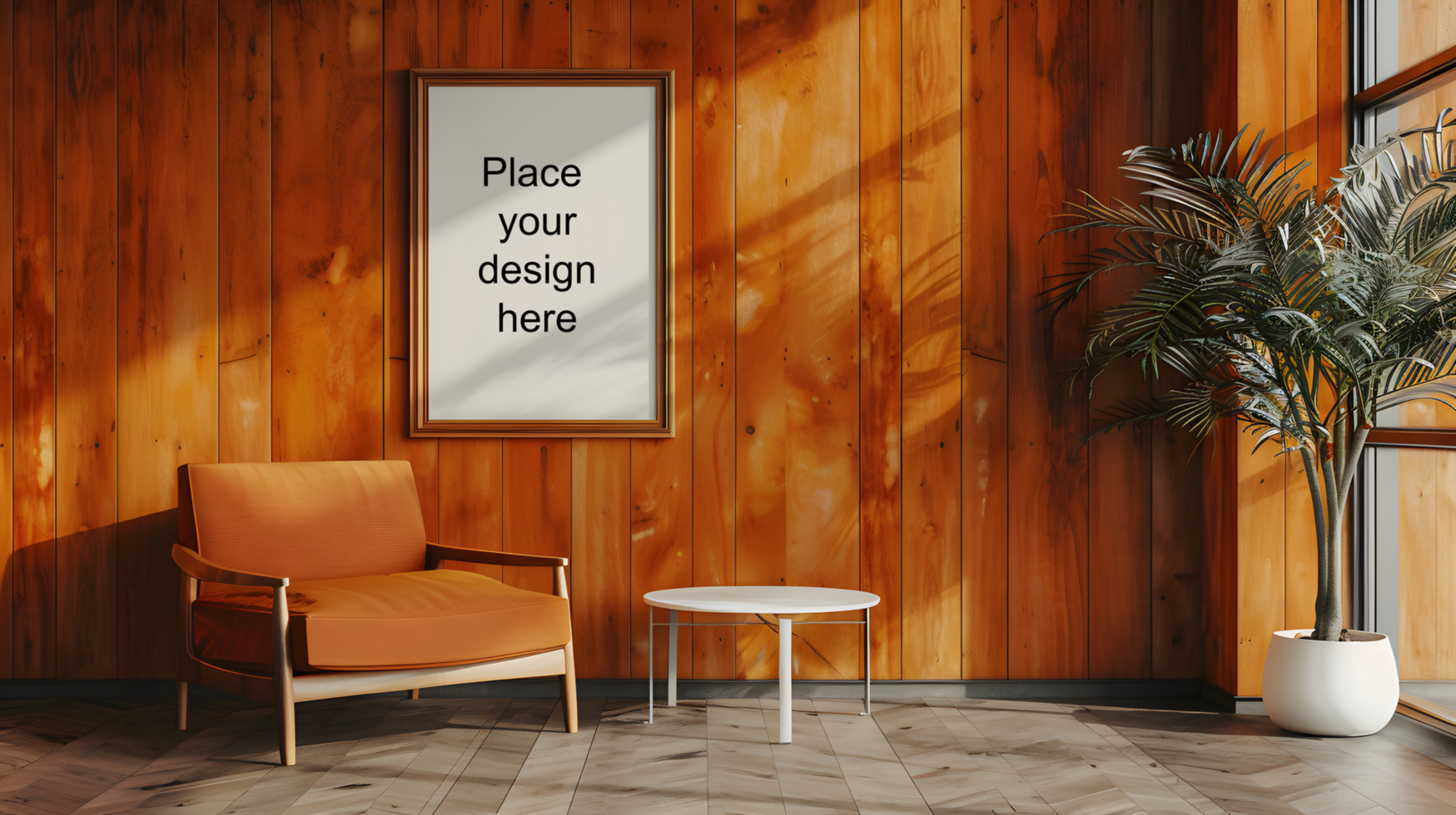 Mid-century modern nook with orange chair and blank frame. Generative by AI psd