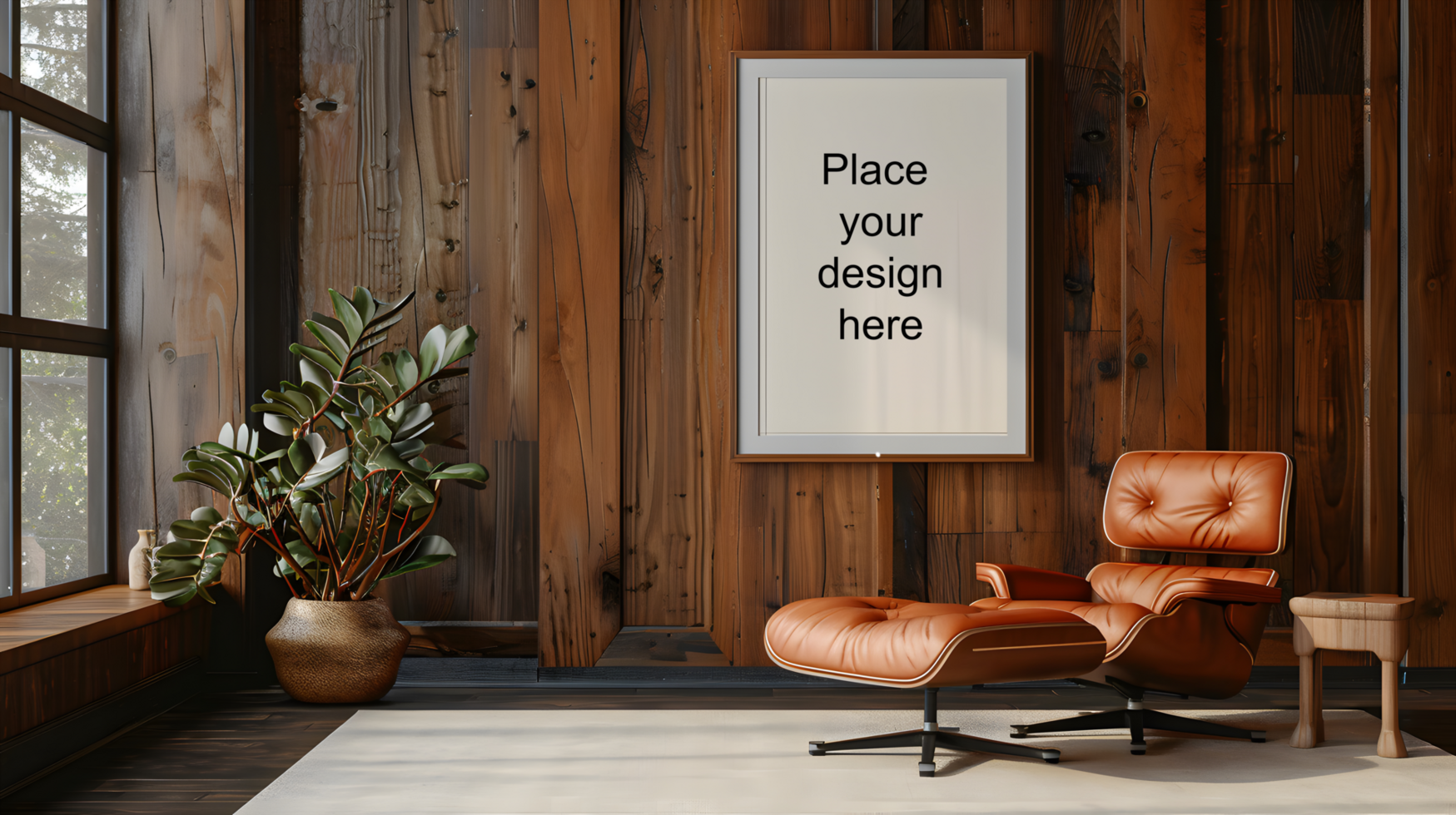 Retro-inspired modern living room with blank frame at sunset. Generative by AI psd