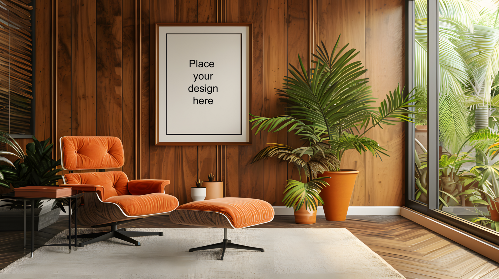 Retro-inspired lounge with blank frame in tropical sunlit room. Generative by AI psd